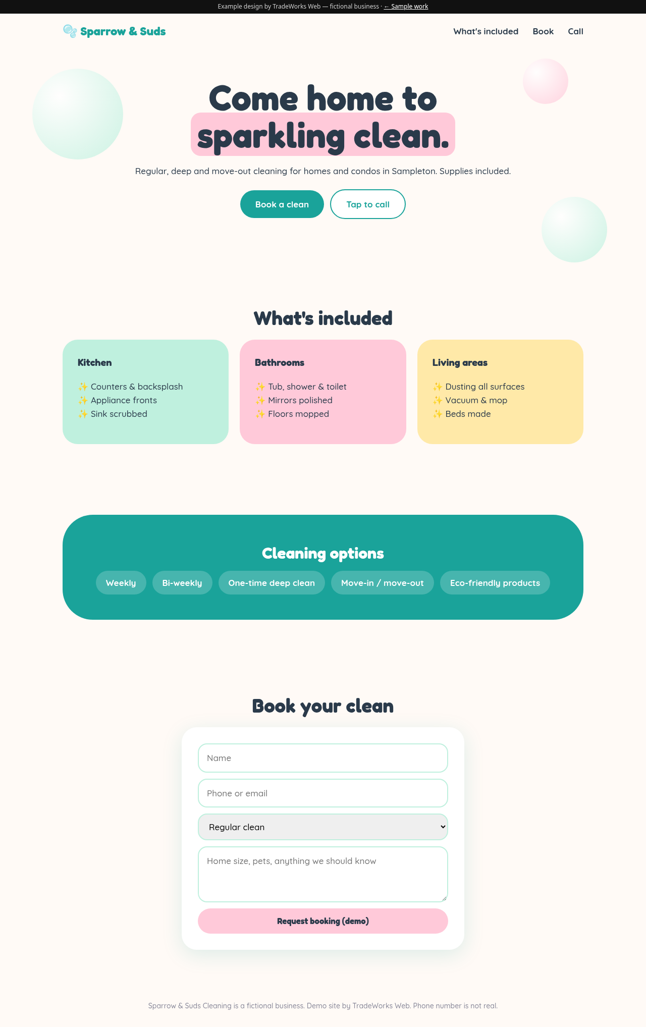 Preview of the Sparrow & Suds Cleaning example site